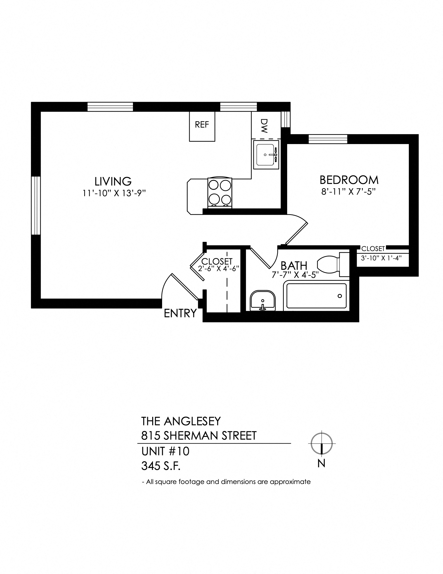 Floor plan for 1 bed, 1 bath, 380 sqft